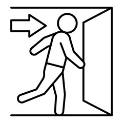 Arrow with man at door thin line icon, emergency service concept. Vector graphics. Man run to exit door, human sign on white background, linear style for mobile or design.