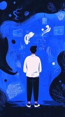 Obraz premium A person standing in front of a wall with various symbols and diagrams