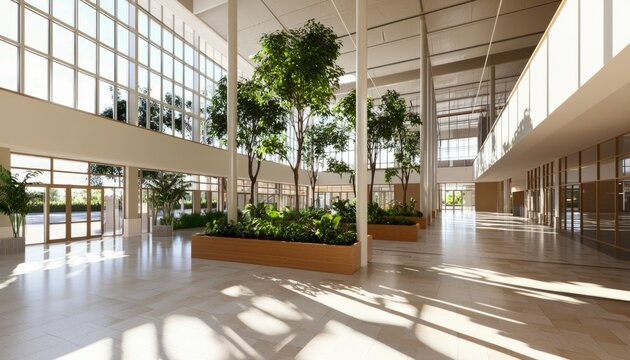 Modern, sunlit interior atrium with lush greenery