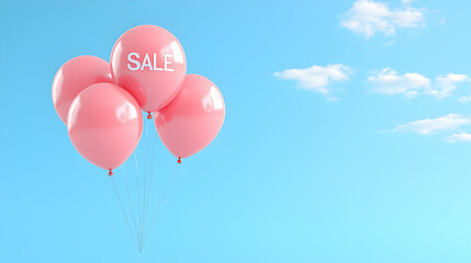 Fototapeta premium Pink Balloons with Sale Sign Floating in a Blue Sky