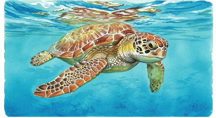 Sea Turtle Swimming Underwater in Blue Ocean Artwork