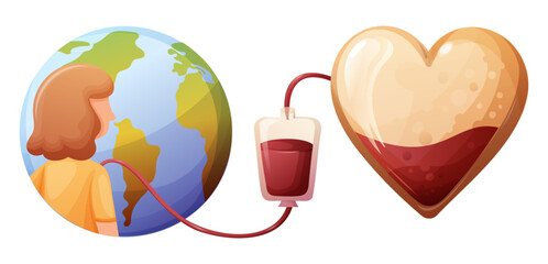 concept for world donor day, heart with blood, transfusion for the whole planet