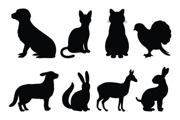 Pet animal silhouettes set isolated flat vector illustration on white background