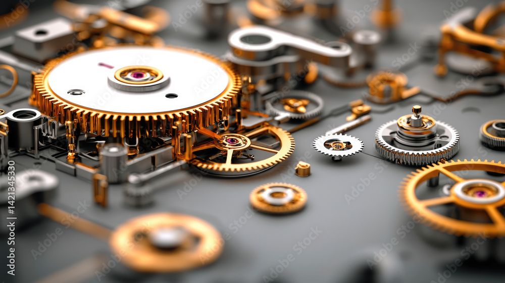 Poster close up of intricate mechanical watch gears showcasing blend of silver and gold tones, highlighting