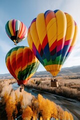 Obraz premium Vibrant Hot Air Balloons Over Autumn Landscape - National Tourism Week