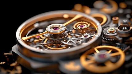 Close up of mechanical watch showcasing intricate gears and balance wheel, highlighting craftsmanship and precision of horology. golden accents add elegance and sophistication