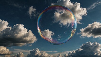 One floating soap bubble reflecting a cloudy sky, centered on a pastel background. A metaphor for impermanence, fleeting beauty, or fragile hope. Copy space.