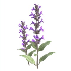 Obraz premium Two sprigs of vibrant purple sage blossoms against a white background.
