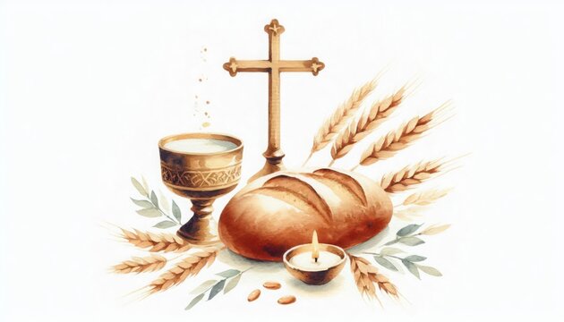 Watercolor eucharist illustration with chalice bread cross and wheat for religious design