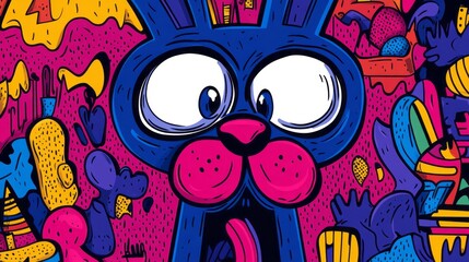 Obraz premium Cartoon rabbit gazes wide eyed in a whimsical colorful scene