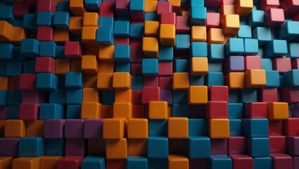 Stack of perfectly misaligned colored cubes. Abstract metaphor for individuality, disruption, or breaking patterns. Copy space. 