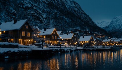 Fototapeta premium Snowy village by a fjord at night
