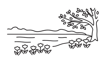 Tranquil riverbank with a lush tree and vibrant flowers, enhancing the beauty of the natural landscape line art flat vector illustration