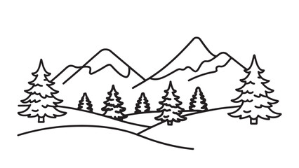 Obraz premium Tranquil winter scene featuring snow-laden trees and majestic mountains in the background line art flat vector illustration