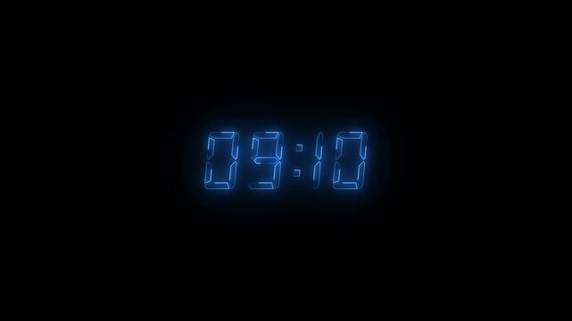 Glowing neon 10 minutes countdown timer animation, digital clock, 4k UHD