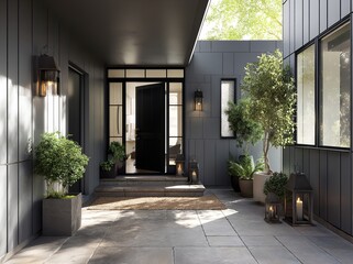 Stylish Front Door with Stone Steps, Brick Wall, and Trees in Pots – Contemporary Home Facade Design for Real Estate Use