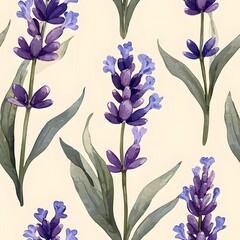 A seamless pattern featu a watercolor-style illustration of delicate purple lavender flowers and green leaves on a creamy background ideal for textile design and various