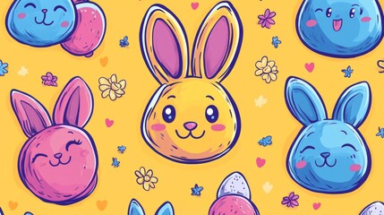 Colorful cartoon bunnies are arranged in a seamless repeatable pattern