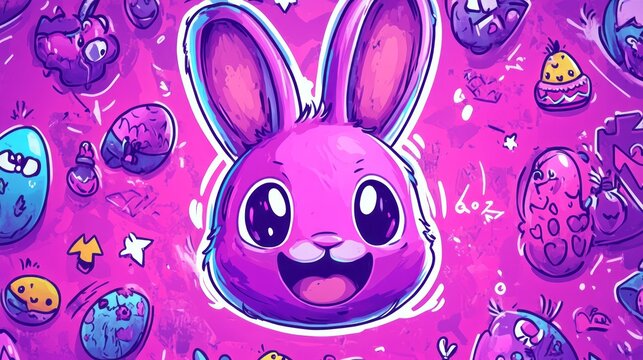Cartoon illustration of a cheerful easter bunny with easter eggs