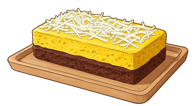 vector line colorfull of rectangle spongecake layered chocolate and yellow with cream and cheese topping 