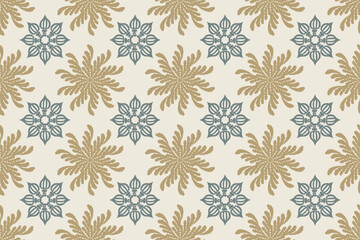 Ethnic abstract ikat floral patterns in gold-brown and dark teal on cream background.Antique Damask tribal embroidery with Aztec style. Indian or other Asian-inspired designs.