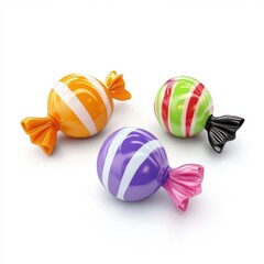 Colorful round candies with striped wrappers.