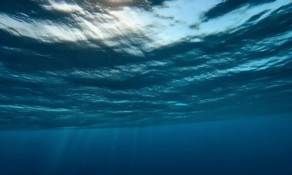  Underwater view of the ocean floor, with sunlight filtering through the water and creating ripples on its surface. The vast expanse is depicted in shades of blue and green,