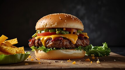 Two delicious smash burgers with cheddar cheese crispy bacon and garlicky sauce on craft burger buns.