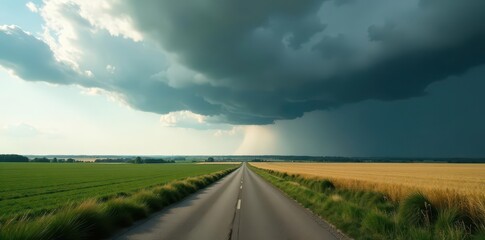 Heavy, grey clouds descend on a lonely country lane and expansive farmlands , landscape, moody, remote