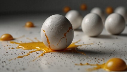 One cracked egg on smooth white surface, yolk dripping. Conceptual image of curiosity, questions, or fragile ideas. Copy space. 