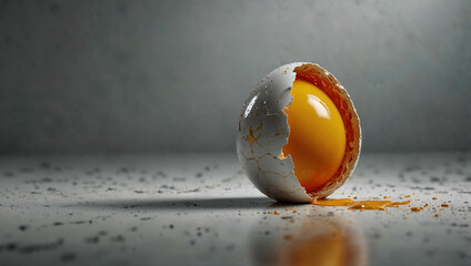 One cracked egg on smooth white surface, yolk dripping. Conceptual image of curiosity, questions, or fragile ideas. Copy space. 