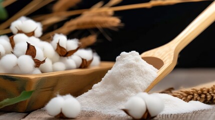 Closeup of cotton bolls and wooden spoon with flour on rustic table