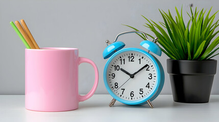 Pink Mug Blue Alarm Clock Green Plant Minimalist Office Desk Setup