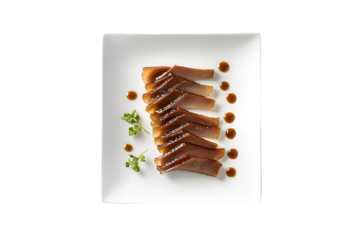 Sliced glazed duck breast elegant presentation gourmet food