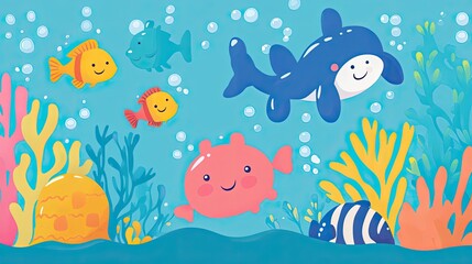 Adorable Underwater Scene with Cartoon Fish and Whale in Vibrant Ocean