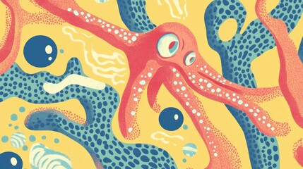 Whimsical Underwater World: Abstract Octopus and Coral Reef Illustration