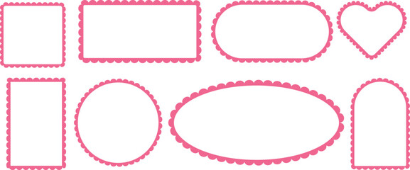 Set of pink scallop frames. With wavy forms. Template postcard design.  Wave borders at the stickers elements. Isolated at the white bg.