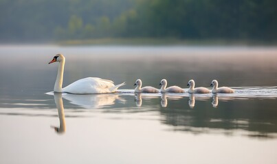 a swan father leading a line of fluffy cygnets across a still lake at dawn, Generative AI