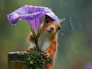 Squirrel Poses Under Morning Glory Umbrella in a Rainy Forest Scene