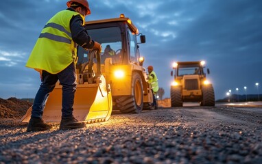 Road Construction Workers at Night:  Infrastructure Development in Action