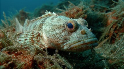 Fototapeta premium 14. A stonefish blending into the ocean floor, its body resembling the texture of the surrounding rocks and seaweed