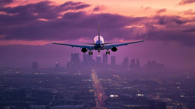 Civilian aircraft flying over the sky at sunset, Airplane flies in sky at sunset day. Travel. Airplane takes off against the background of sunset. Ultra HD 4K.