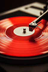 a red vinyl record lies on a record player - generative ai