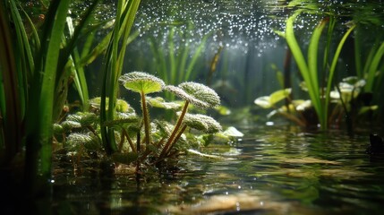 5. A hidden ecosystem of tiny aquatic life in a pristine pond, with microscopic organisms visible under the water's surface among aquatic plants