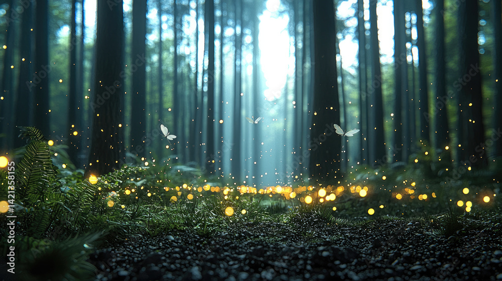 Poster serene forest scene illuminated by fireflies, with soft light filtering through tall trees, creating magical atmosphere. ground is covered in lush greenery and ferns