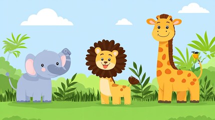 Adorable African Safari Animals Cartoon Illustration: Elephant, Lion, and Giraffe in a Lush Green Savanna