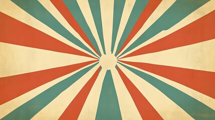 Vintage Retro Sunburst Background Design: Red, Teal, Beige Rays Radiating from Center, Old Paper Texture