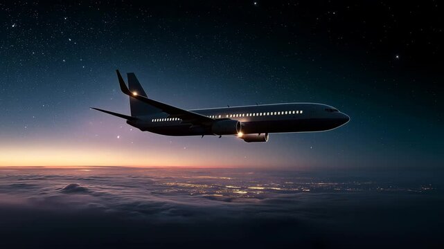 Civilian aircraft flying over the sky at sunset, Airplane flies in sky at sunset day. Travel. Airplane takes off against the background of sunset. Ultra HD 4K.