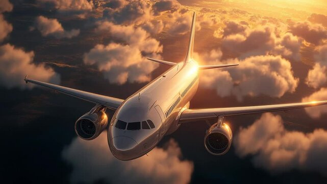 Civilian aircraft flying over the sky at sunset, Airplane flies in sky at sunset day. Travel. Airplane takes off against the background of sunset. Ultra HD 4K.