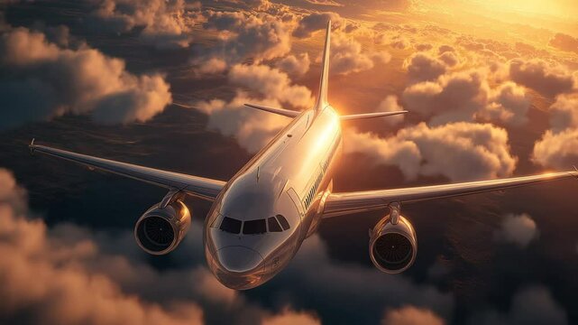Civilian aircraft flying over the sky at sunset, Airplane flies in sky at sunset day. Travel. Airplane takes off against the background of sunset. Ultra HD 4K.